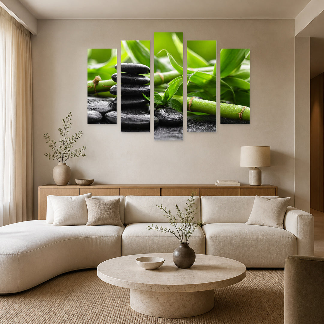 Bamboo with Spa Stones in Serene Light — five-panel wall art in frontal interior | 5wallart 54789 M3