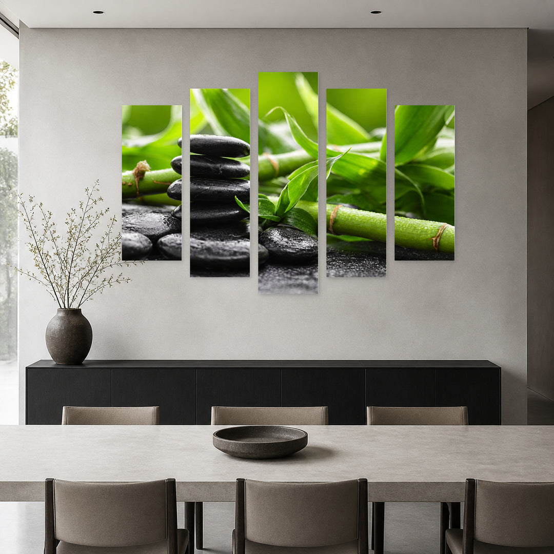 Bamboo with Spa Stones in Serene Light — five-panel wall art in alternate frontal interior | 5wallart 54789 M4