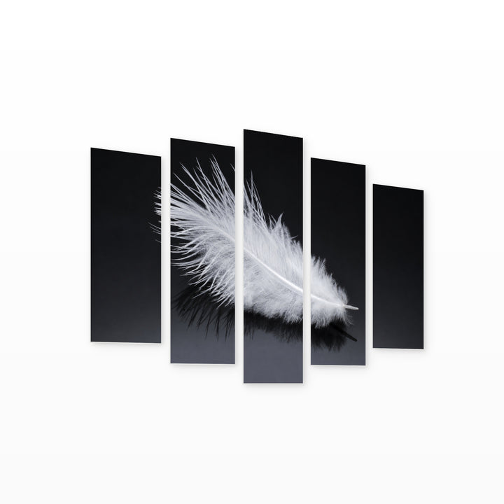 White Feather in Winter — five-panel wall art on white background in perspective | 5wallart 54790 M1