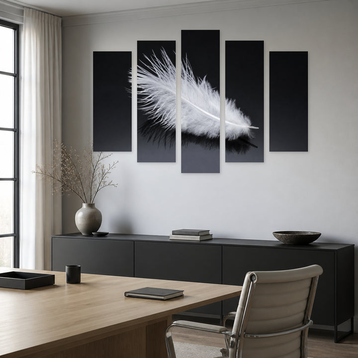 White Feather in Winter — five-panel wall art in frontal interior | 5wallart 54790 M3