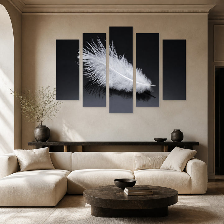 White Feather in Winter — five-panel wall art in alternate frontal interior | 5wallart 54790 M4