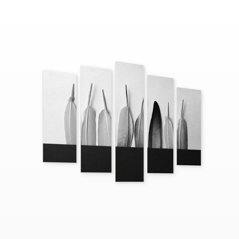Black and White Feathers in Serene Light — five-panel wall art on white background in perspective | 5wallart 54791 M1