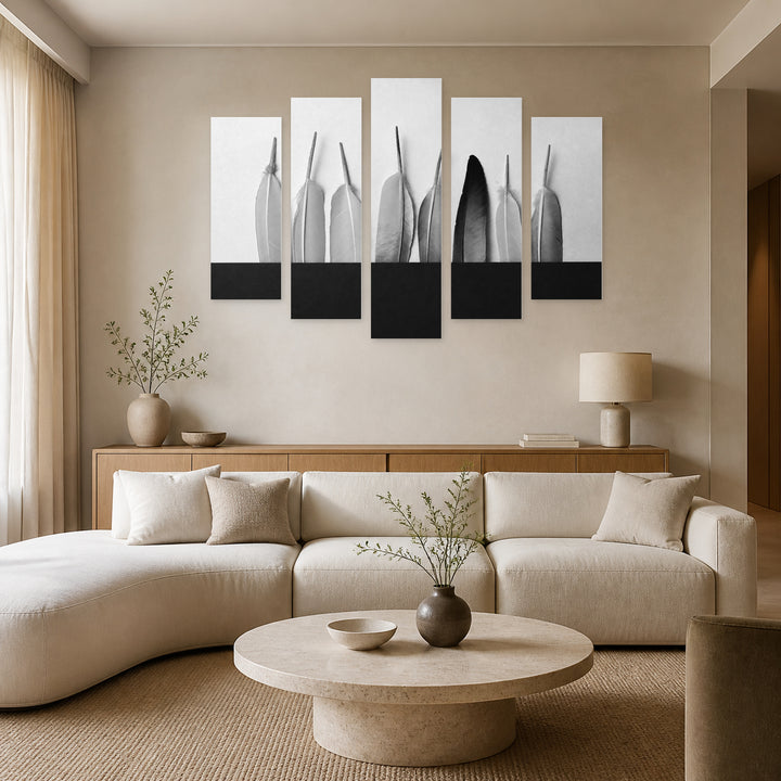 Black and White Feathers in Serene Light — five-panel wall art in frontal interior | 5wallart 54791 M3
