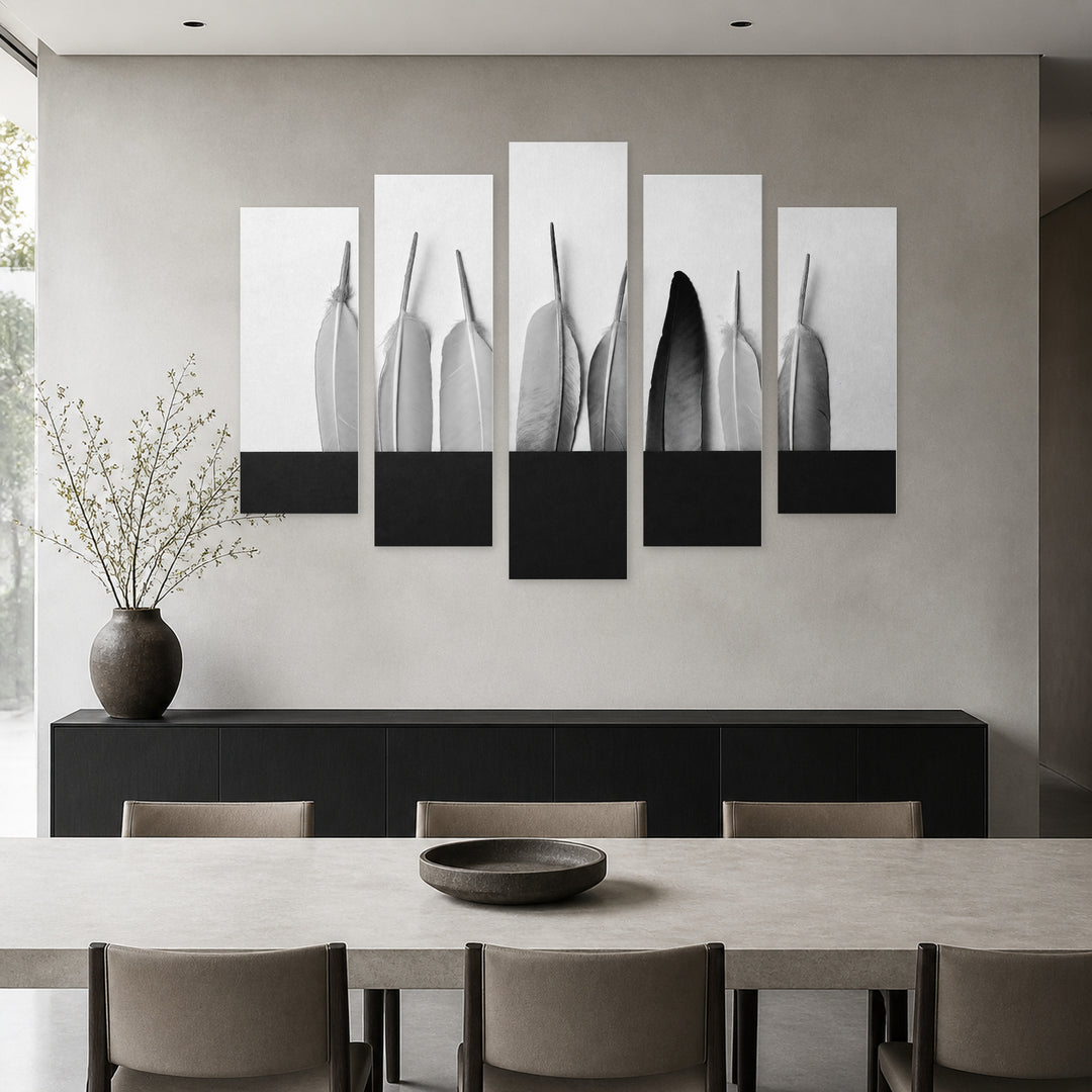 Black and White Feathers in Serene Light — five-panel wall art in alternate frontal interior | 5wallart 54791 M4