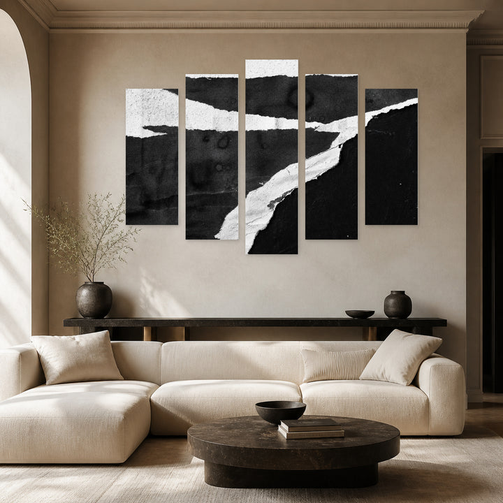 Black and White Textures in Serene Light — five-panel wall art in alternate frontal interior | 5wallart 54792 M4