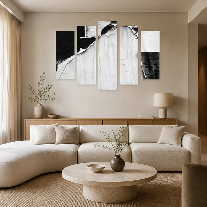 Black and White Art with Geometric Rhythm — five-panel wall art in frontal interior | 5wallart 54793 M3