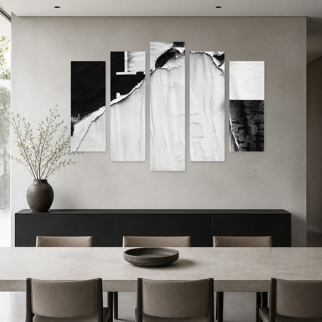 Black and White Art with Geometric Rhythm — five-panel wall art in alternate frontal interior | 5wallart 54793 M4