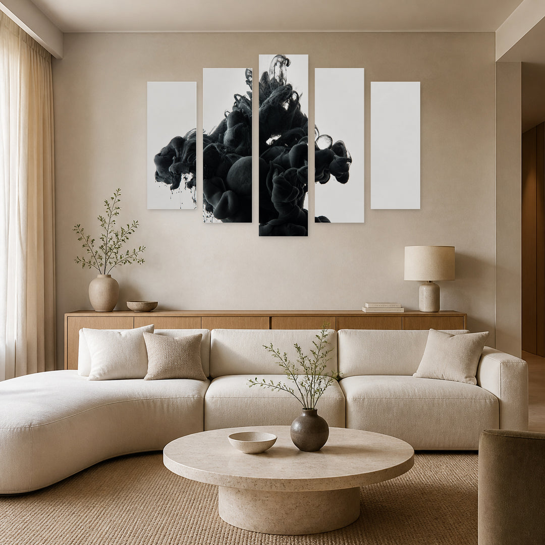 Effect in Black with Geometric Rhythm — five-panel wall art in alternate frontal interior | 5wallart 54794 M4