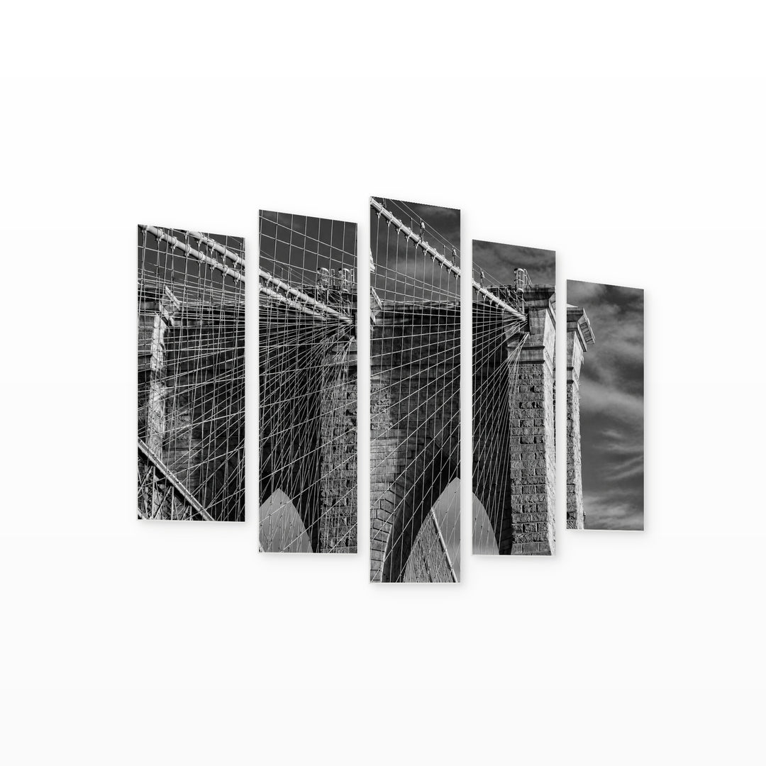 Brooklyn Bridge with Dramatic Contrast — five-panel wall art on white background in perspective | 5wallart 54796 M1