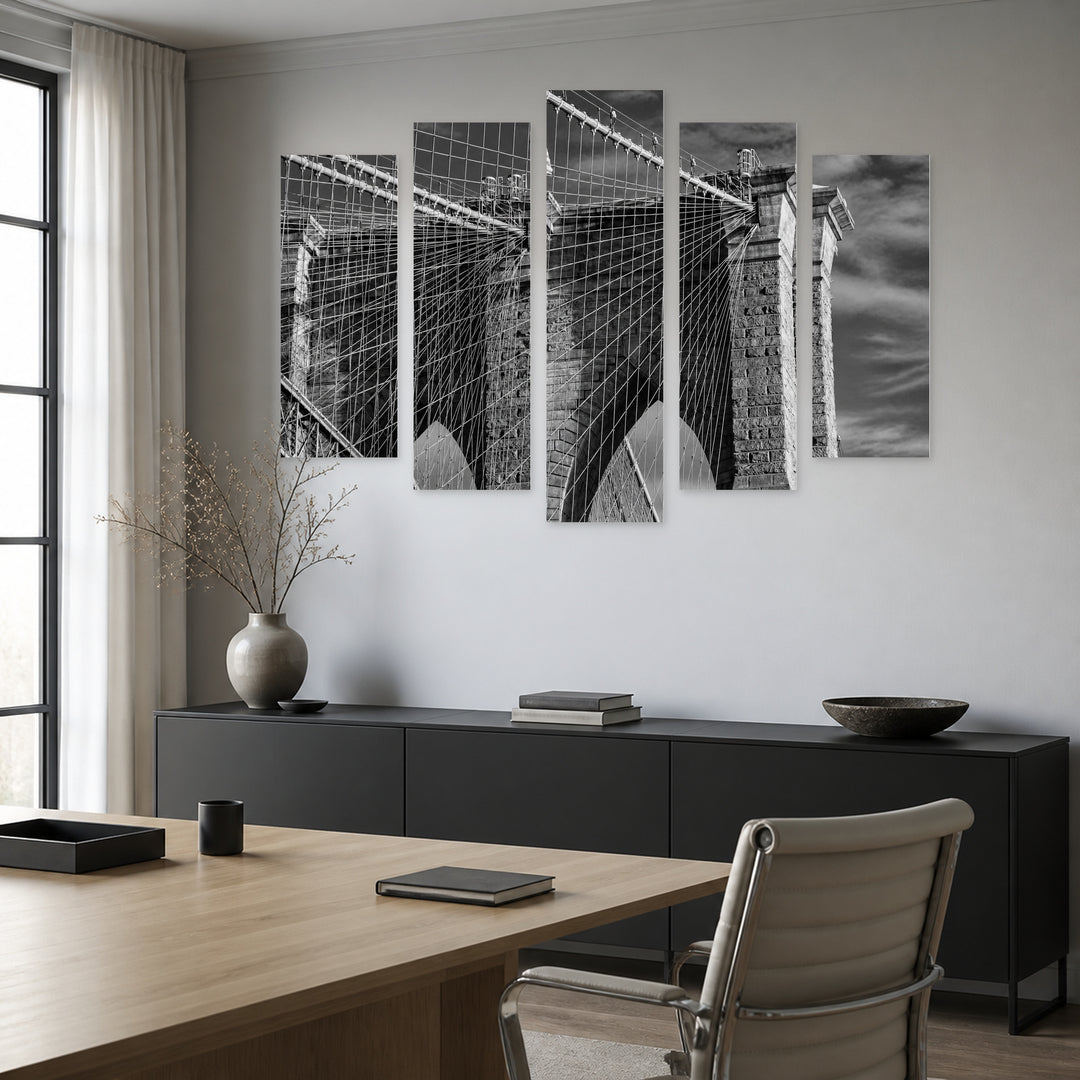 Brooklyn Bridge with Dramatic Contrast — five-panel wall art in frontal interior | 5wallart 54796 M3