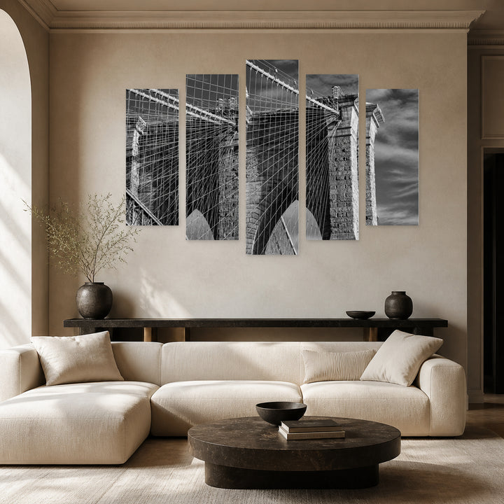 Brooklyn Bridge with Dramatic Contrast — five-panel wall art in alternate frontal interior | 5wallart 54796 M4