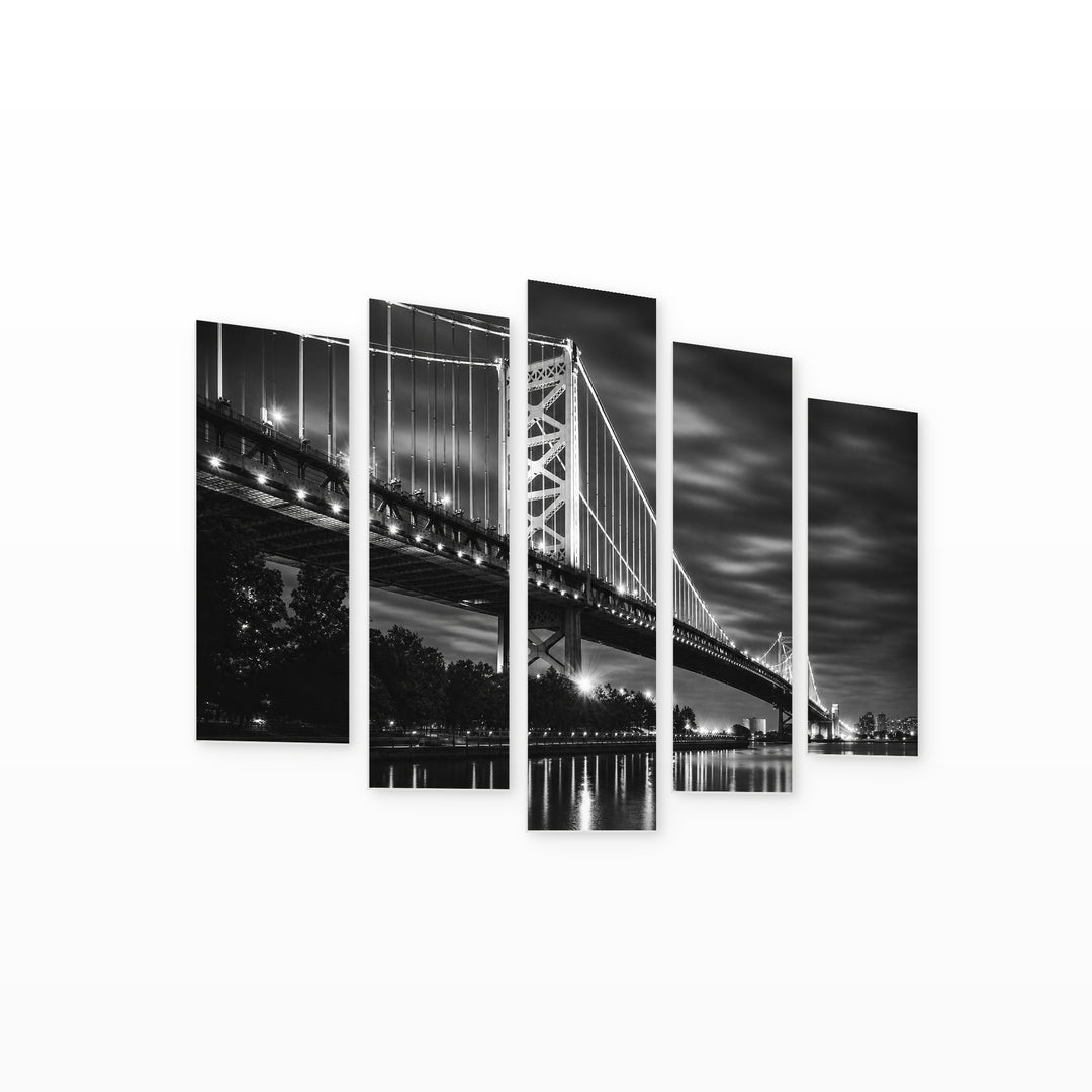 Benjamin Franklin Bridge with Dreamlike Atmosphere — five-panel wall art on white background in perspective | 5wallart 54798 M1