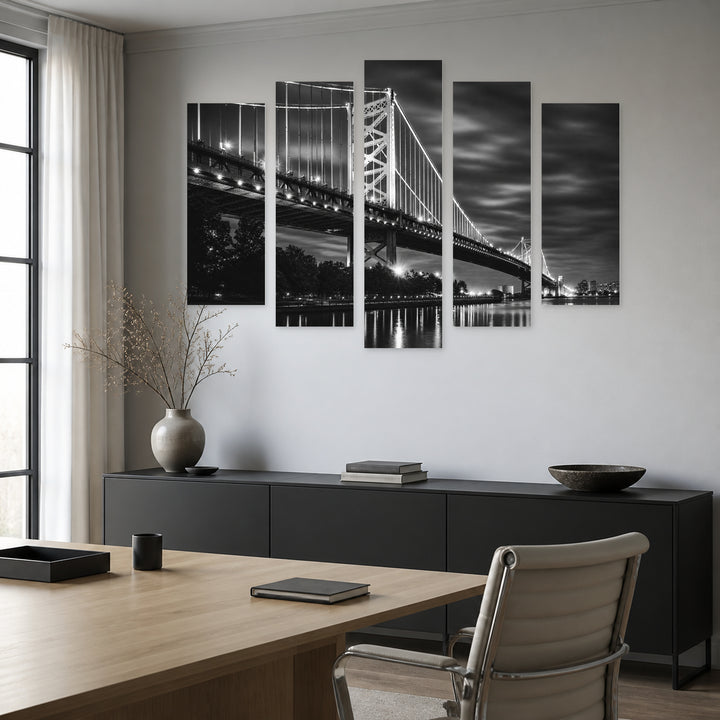 Benjamin Franklin Bridge with Dreamlike Atmosphere — five-panel wall art in frontal interior | 5wallart 54798 M3