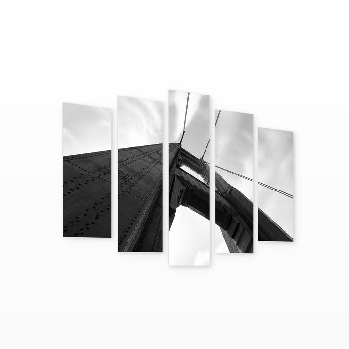 Golden Gate Bridge Tower with Geometric Rhythm — five-panel wall art on white background in perspective | 5wallart 54799 M1
