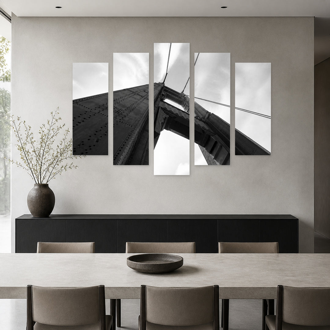 Golden Gate Bridge Tower with Geometric Rhythm — five-panel wall art in alternate frontal interior | 5wallart 54799 M4