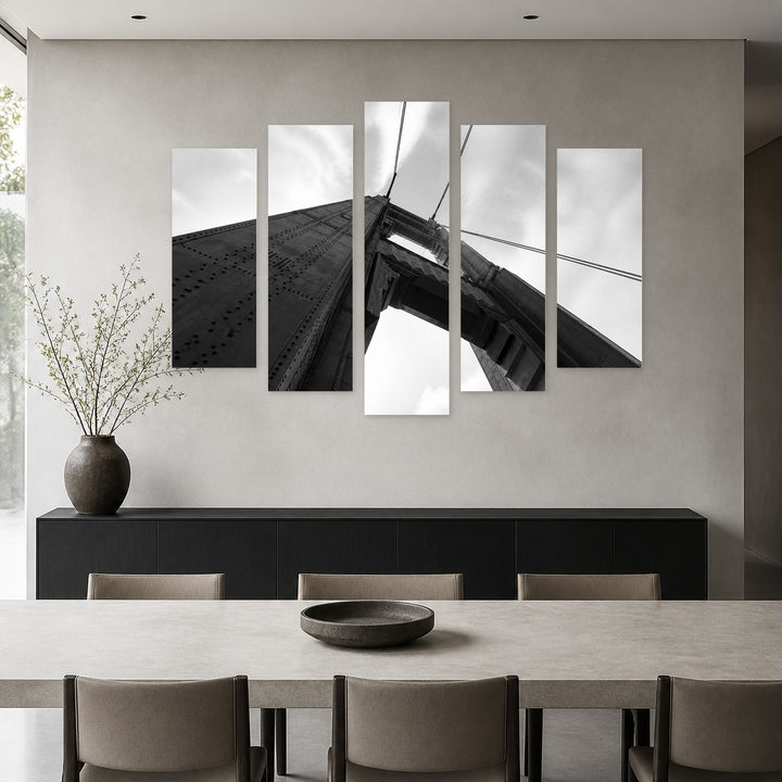 Golden Gate Bridge Tower with Geometric Rhythm — five-panel wall art in alternate frontal interior | 5wallart 54799 M4
