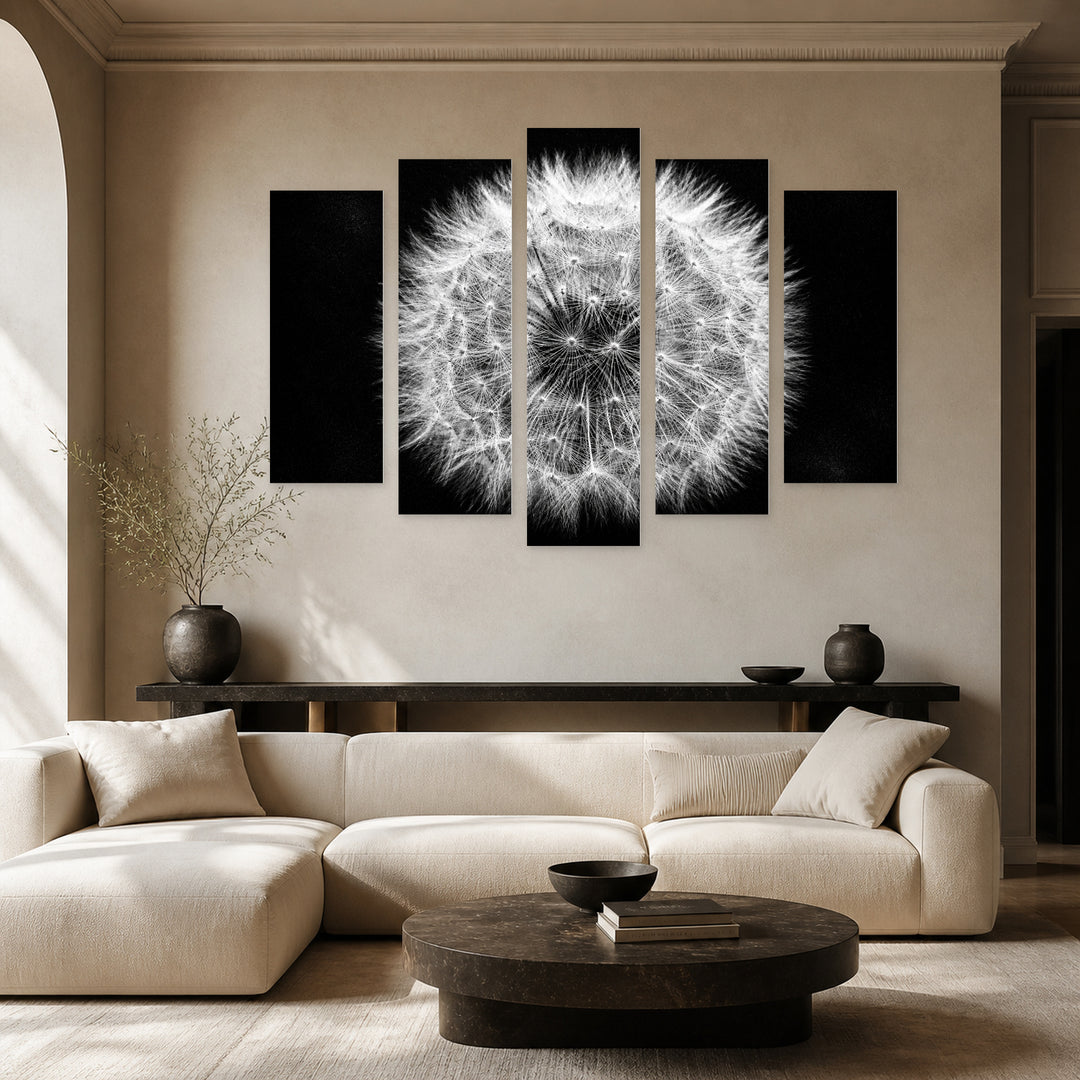 Dandelion in Serene Light — five-panel wall art in frontal interior | 5wallart 54801 M3