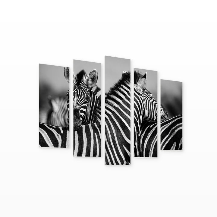 Herd of Zebras in Black with Dramatic Contrast — five-panel wall art on white background in perspective | 5wallart 54806 M1