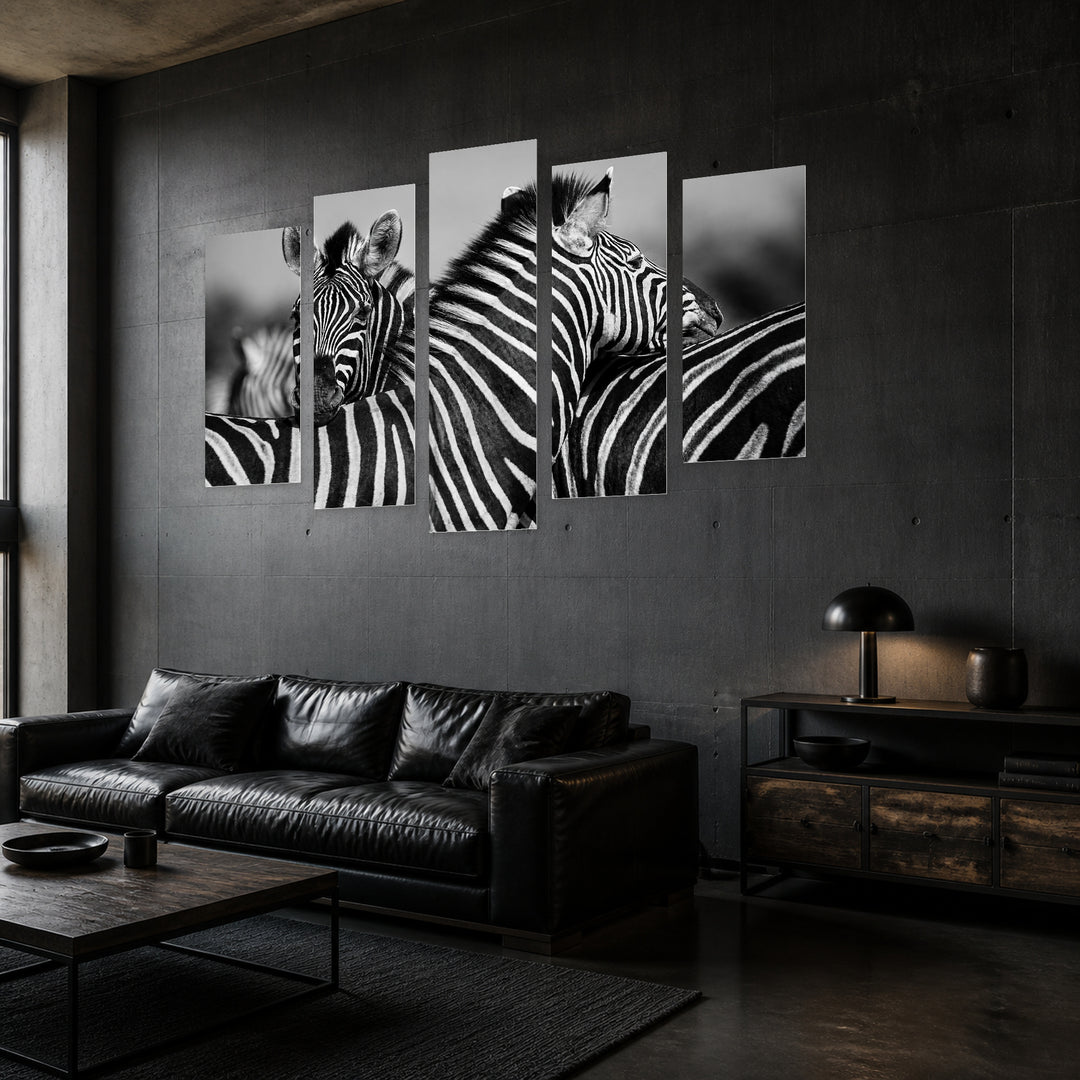Herd of Zebras in Black with Dramatic Contrast — five-panel wall art in perspective interior | 5wallart 54806 M2