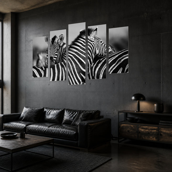 Herd of Zebras in Black with Dramatic Contrast — five-panel wall art in perspective interior | 5wallart 54806 M2