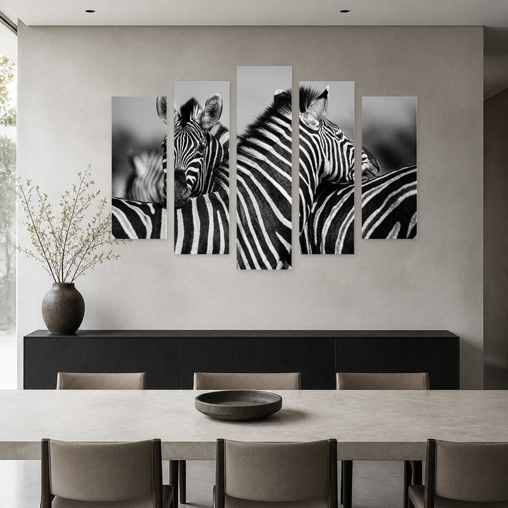 Herd of Zebras in Black with Dramatic Contrast — five-panel wall art in frontal interior | 5wallart 54806 M3