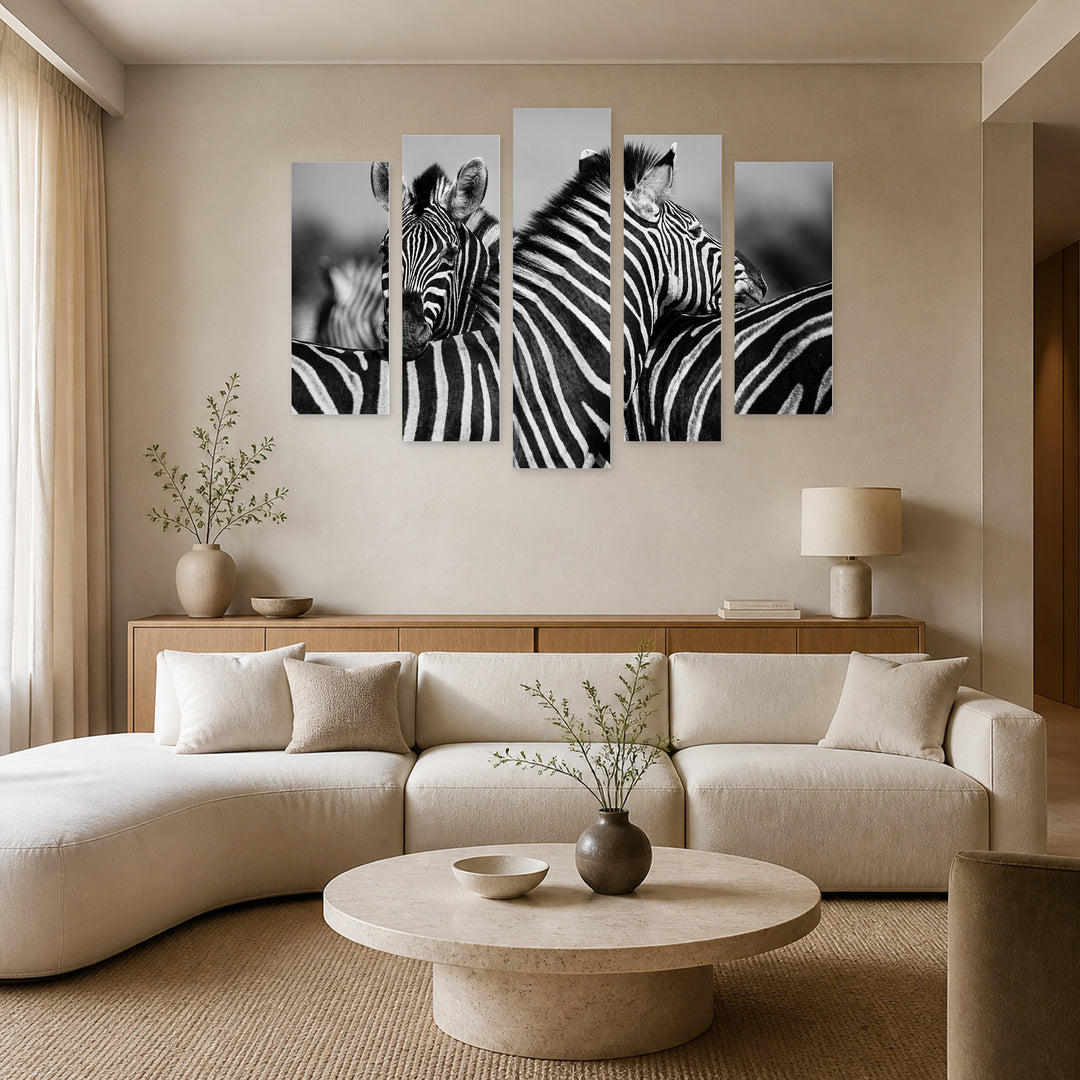 Herd of Zebras in Black with Dramatic Contrast — five-panel wall art in alternate frontal interior | 5wallart 54806 M4