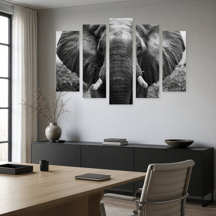 Elephant in Black and White Photo Wildlife Portrait — five-panel wall art in alternate frontal interior | 5wallart 54807 M4