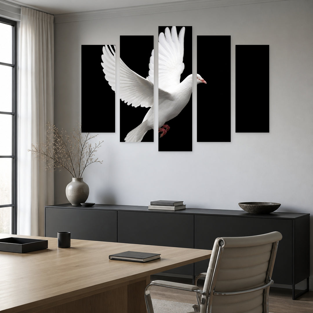 White Dove in Serene Light — five-panel wall art in frontal interior | 5wallart 54808 M3