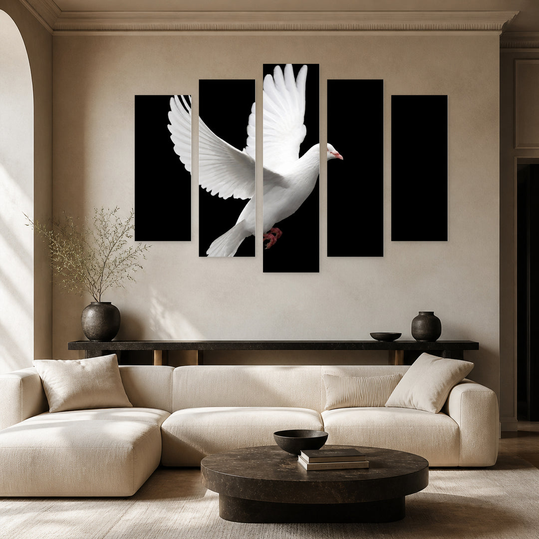 White Dove in Serene Light — five-panel wall art in alternate frontal interior | 5wallart 54808 M4
