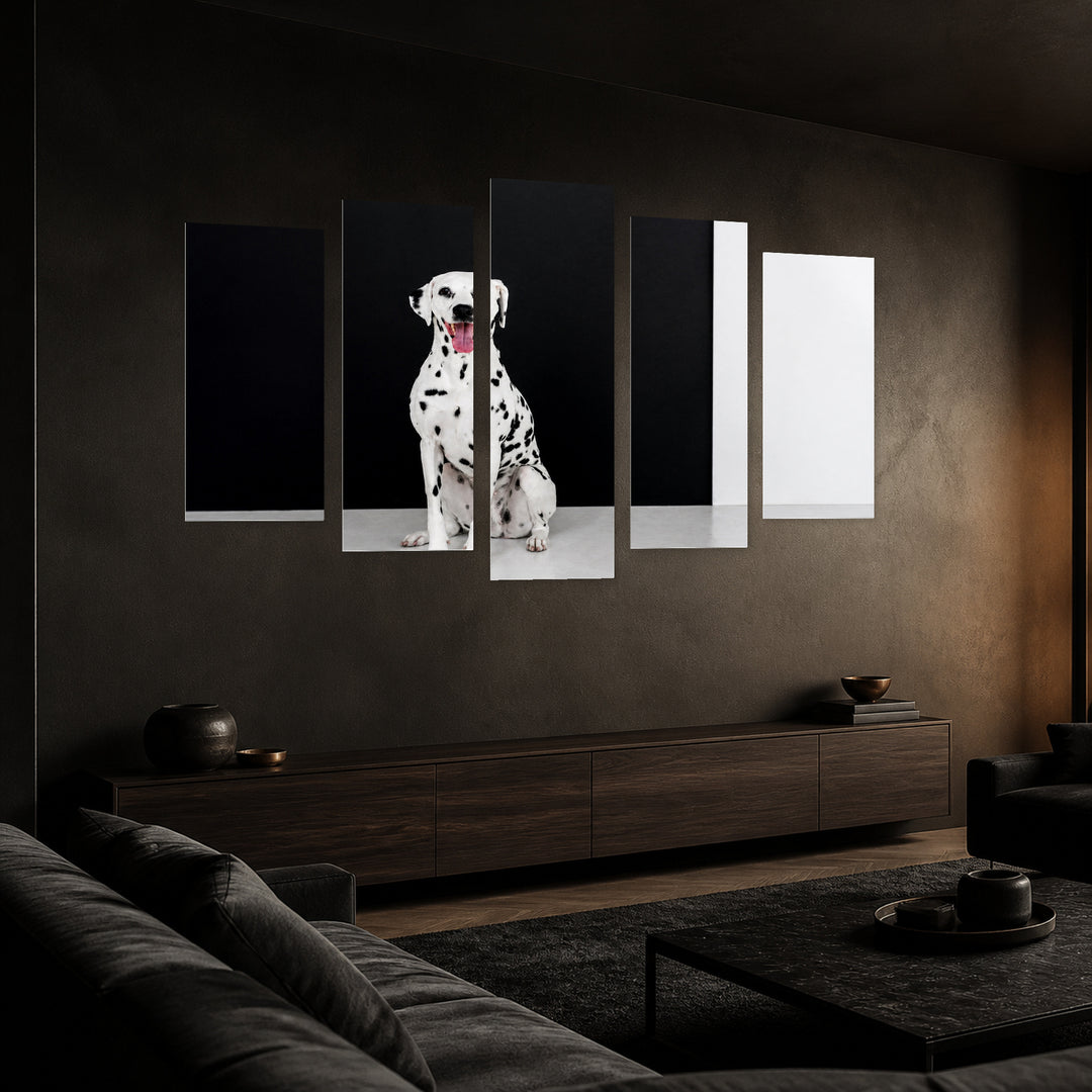 Dalmatian with Dramatic Contrast — five-panel wall art in perspective interior | 5wallart 54809 M2