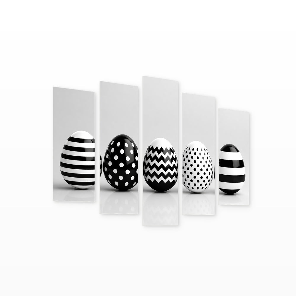 Black and White Easter Eggs with Geometric Rhythm — five-panel wall art on white background in perspective | 5wallart 54810 M1