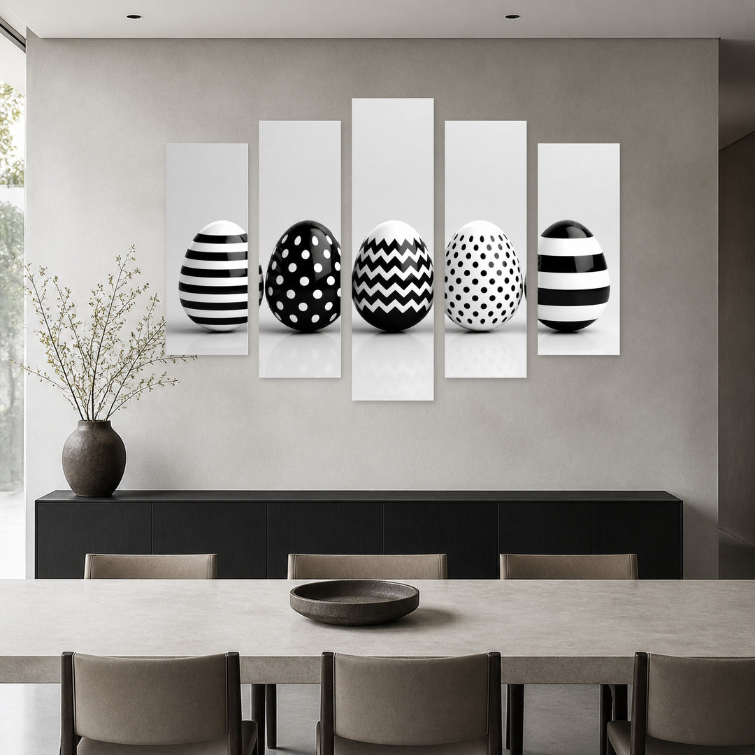 Black and White Easter Eggs with Geometric Rhythm — five-panel wall art in frontal interior | 5wallart 54810 M3