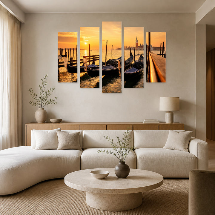 Gondolas in Venice at Golden Sunset — five-panel wall art in frontal interior | 5wallart 54811 M3