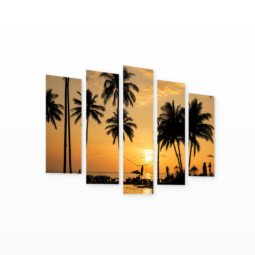 Silhouettes of Palm Trees at Golden Sunset II — five-panel wall art on white background in perspective | 5wallart 54813 M1