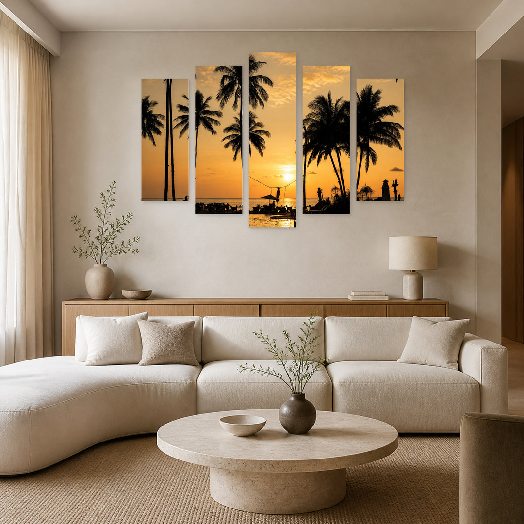 Silhouettes of Palm Trees at Golden Sunset II — five-panel wall art in frontal interior | 5wallart 54813 M3