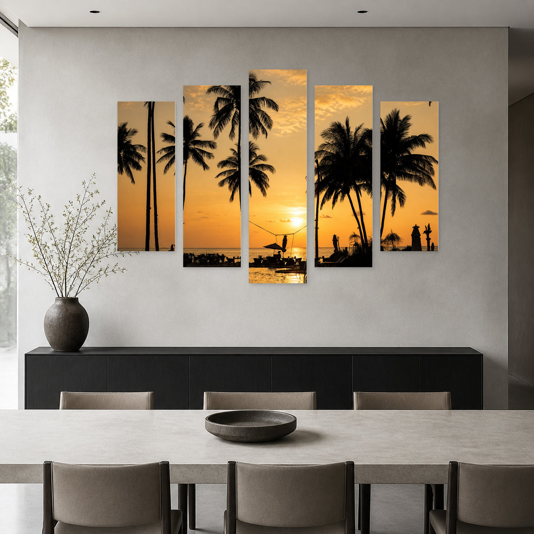 Silhouettes of Palm Trees at Golden Sunset II — five-panel wall art in alternate frontal interior | 5wallart 54813 M4
