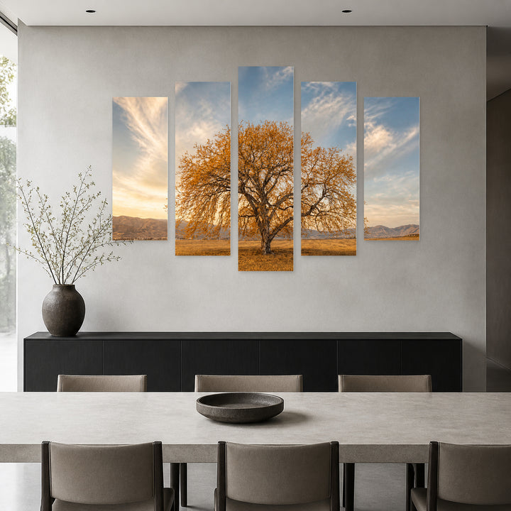 Tree in Autumn in Serene Light — five-panel wall art in frontal interior | 5wallart 54814 M3