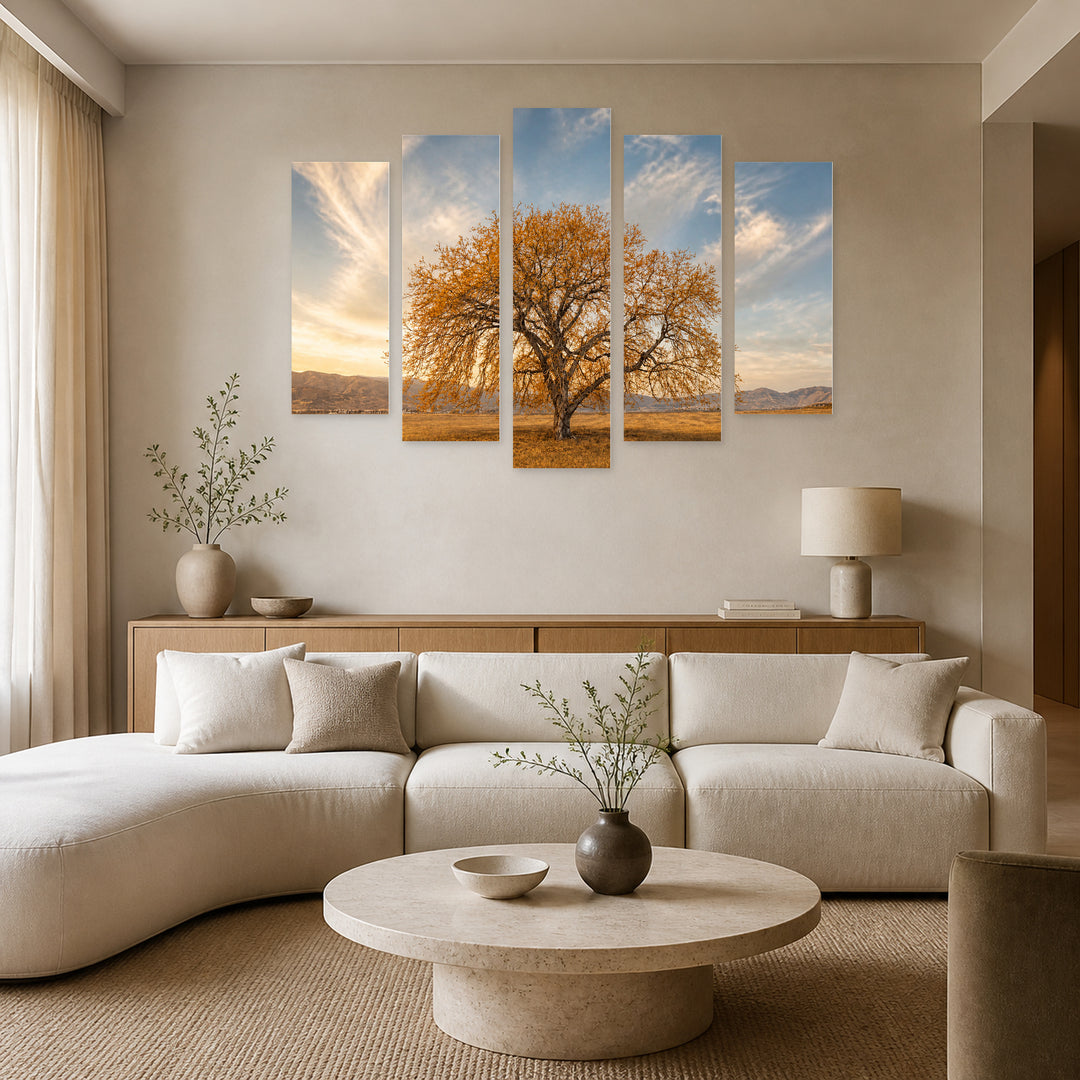 Tree in Autumn in Serene Light — five-panel wall art in alternate frontal interior | 5wallart 54814 M4