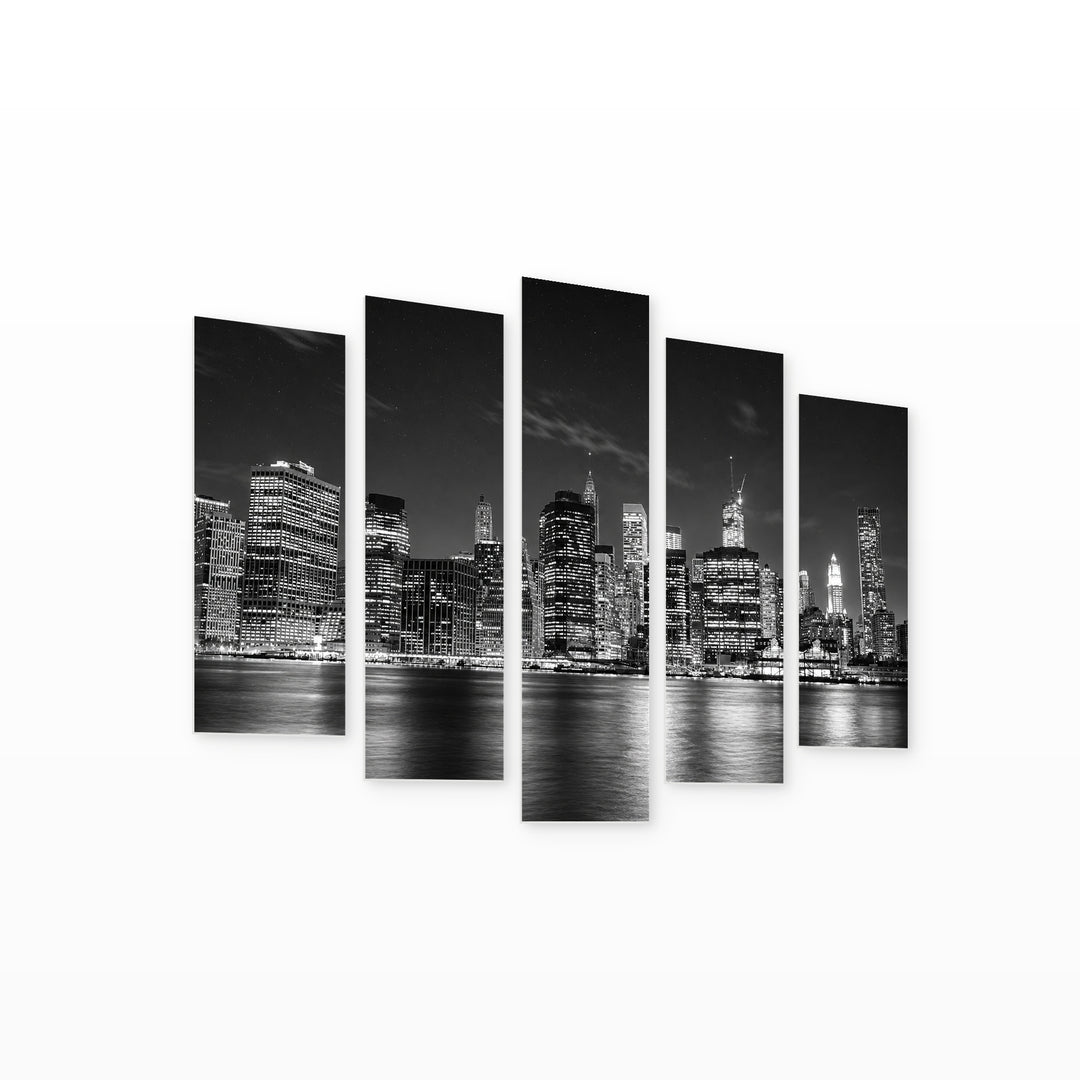 Black and White Night Manhattan with Geometric Rhythm — five-panel wall art on white background in perspective | 5wallart 54816 M1