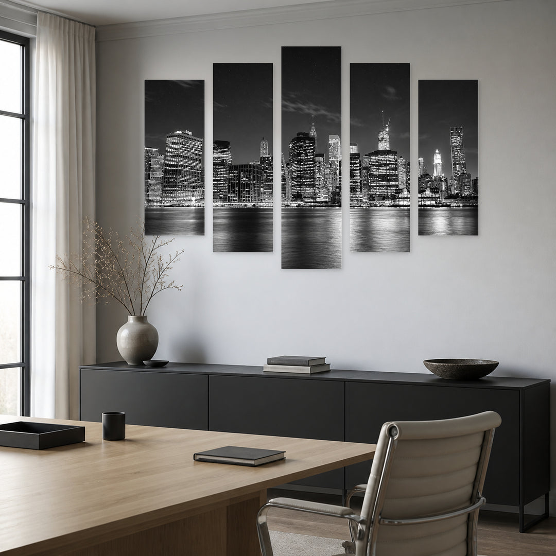 Black and White Night Manhattan with Geometric Rhythm — five-panel wall art in frontal interior | 5wallart 54816 M3