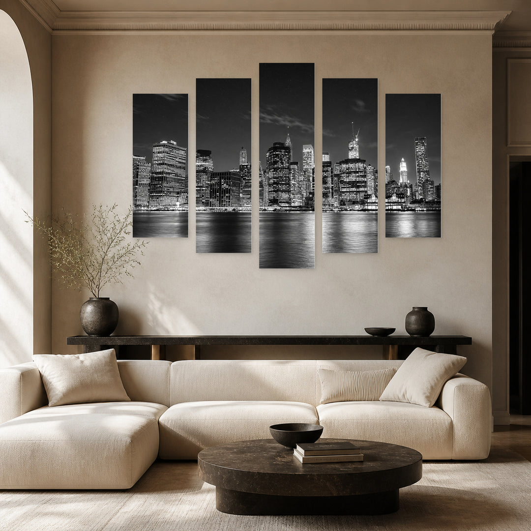 Black and White Night Manhattan with Geometric Rhythm — five-panel wall art in alternate frontal interior | 5wallart 54816 M4