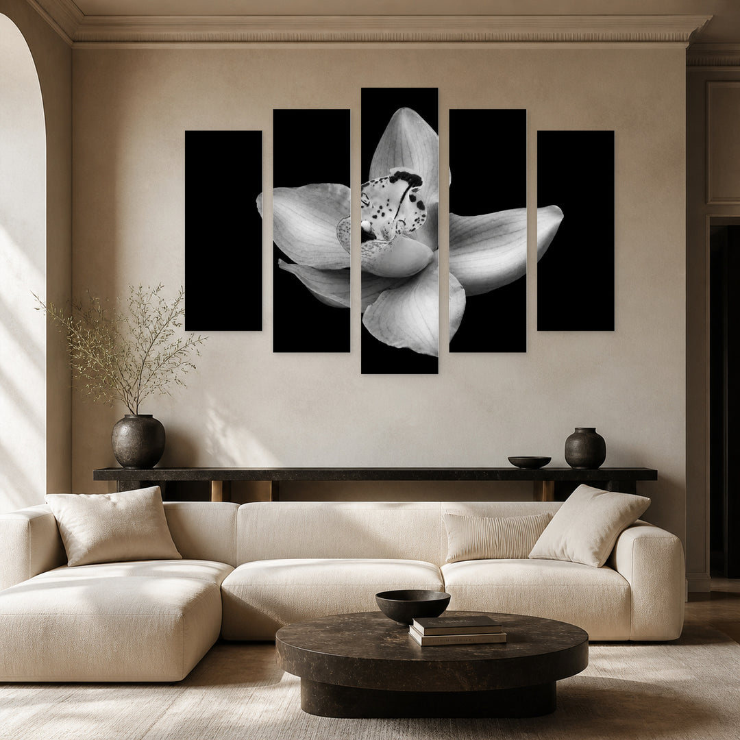 Monochrome Orchid In — five-panel wall art in frontal interior | 5wallart 54817 M3