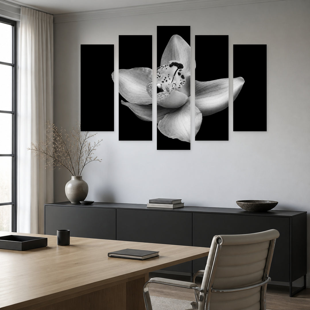 Monochrome Orchid In — five-panel wall art in alternate frontal interior | 5wallart 54817 M4