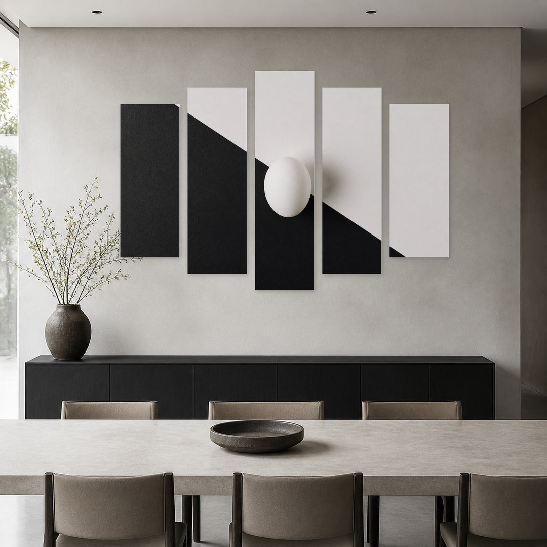 Egg on a Black in Serene Light — five-panel wall art in frontal interior | 5wallart 54818 M3