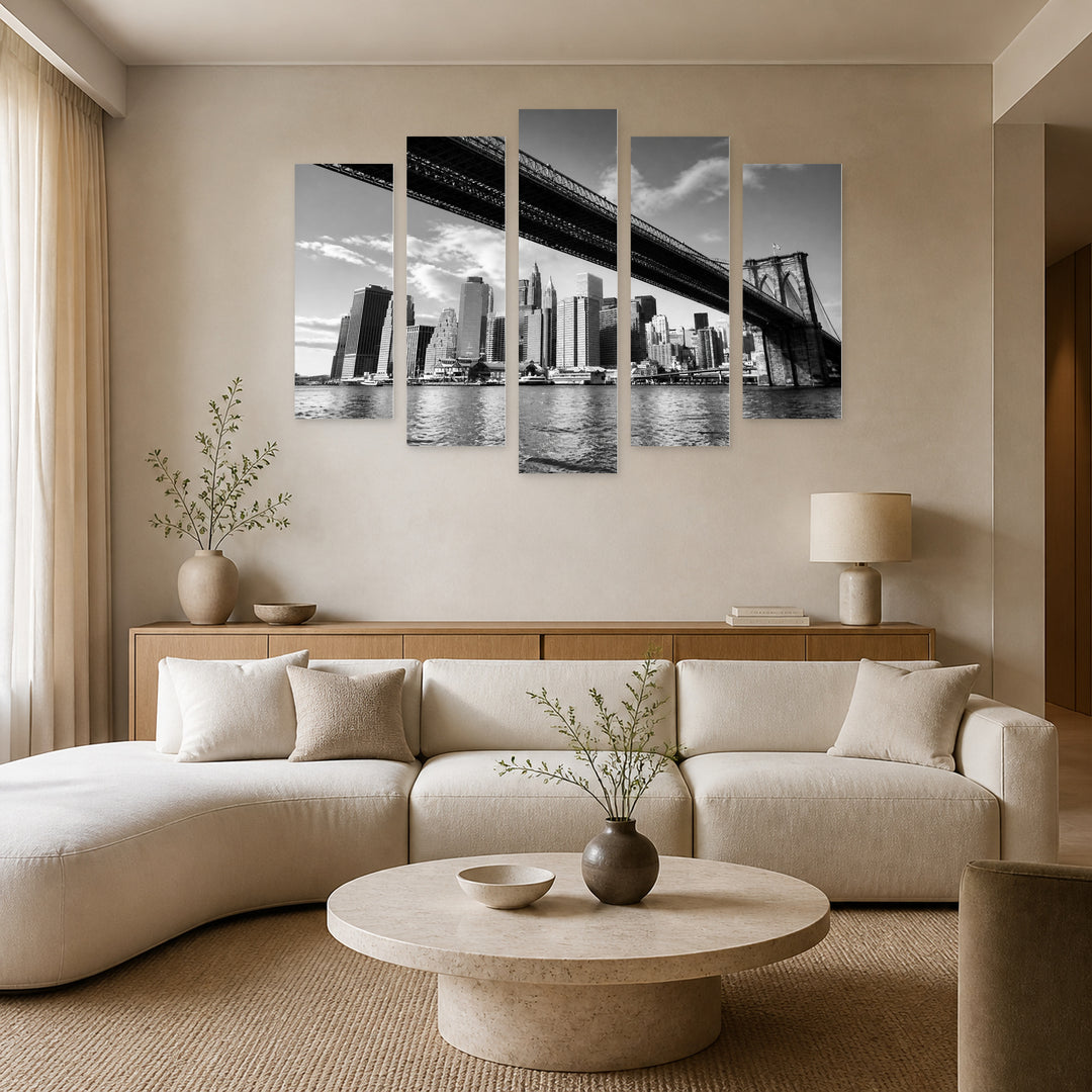 Brooklyn Bridge - New York in Serene Light — five-panel wall art in frontal interior | 5wallart 54819 M3