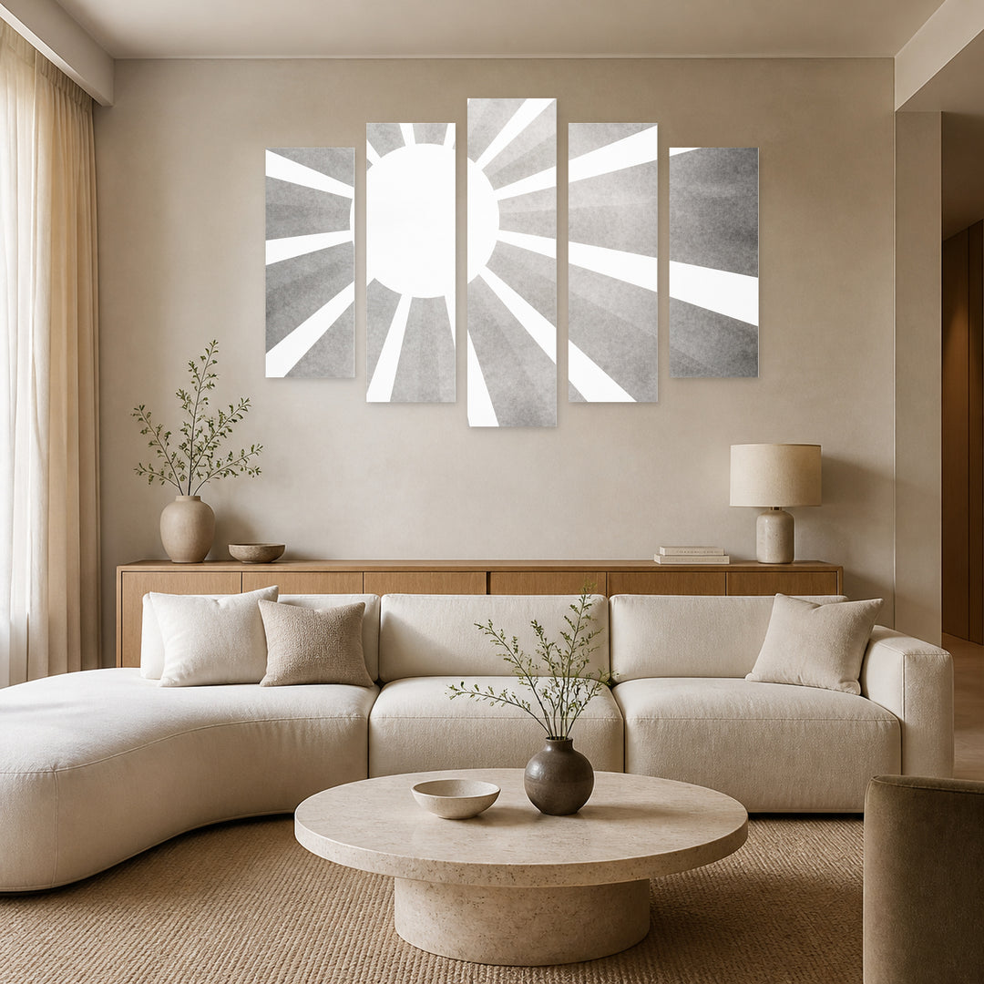 Monochrome Sun In — five-panel wall art in alternate frontal interior | 5wallart 54820 M4