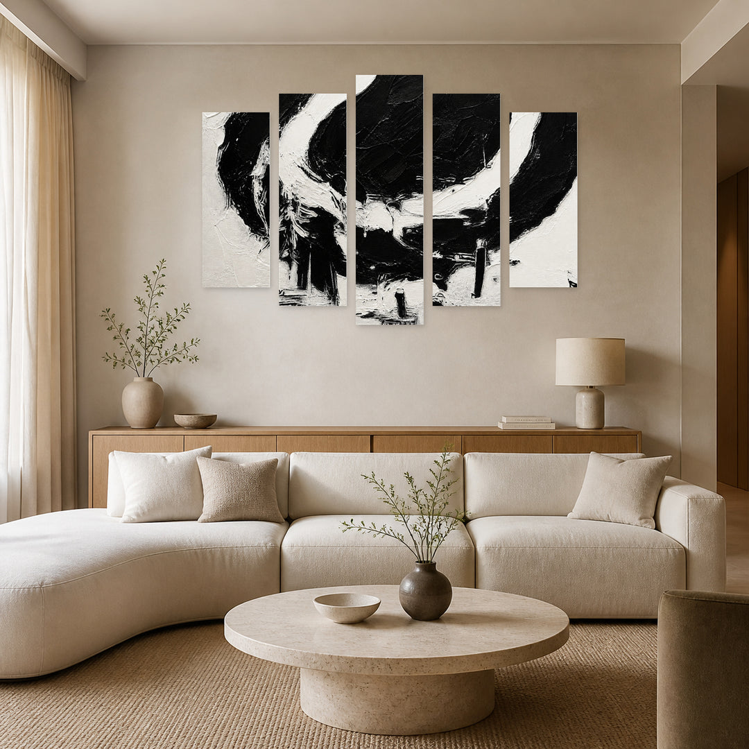 Black and White Textured Pattern in Serene Light — five-panel wall art in frontal interior | 5wallart 54821 M3