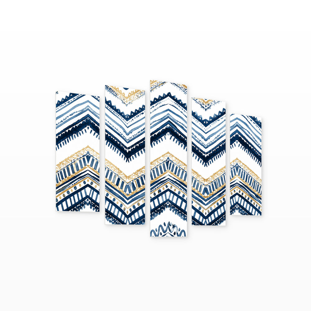 Hand-painted Illustration in Blue and Gold — five-panel wall art on white background in perspective | 5wallart 54822 M1