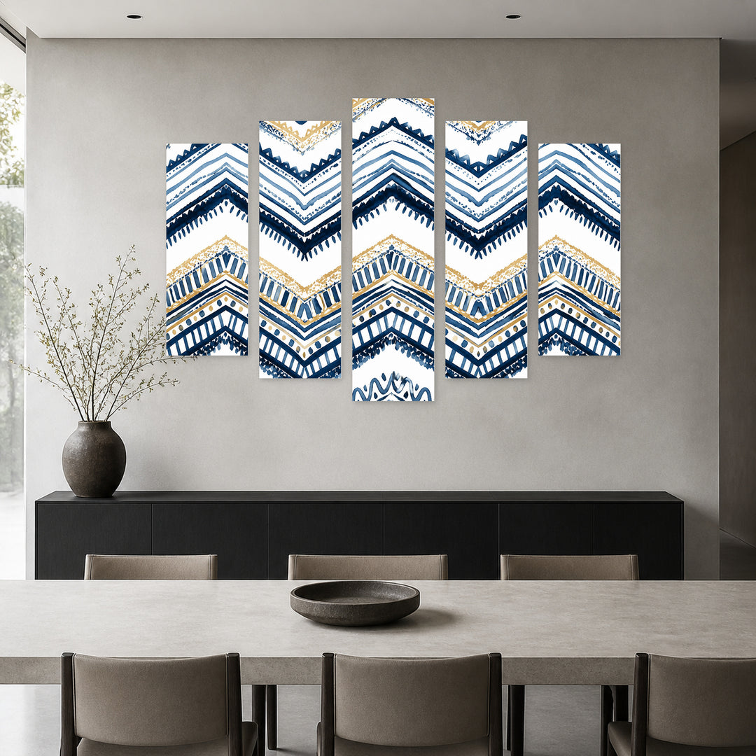 Hand-painted Illustration in Blue and Gold — five-panel wall art in frontal interior | 5wallart 54822 M3