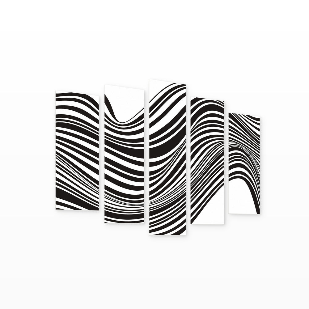 Black and White Optical Design with Geometric Rhythm — five-panel wall art on white background in perspective | 5wallart 54823 M1